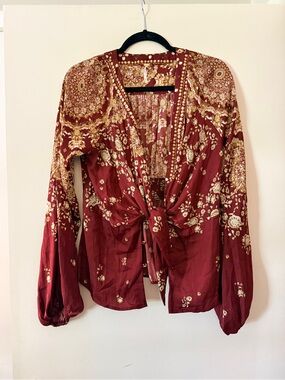 Free People Burgundy Tie-Front Floral Blouse with Gold Print